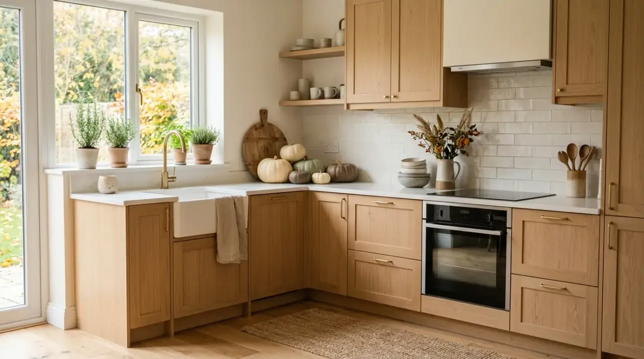 Fall kitchen lamp or candle. Warm evening lighting creating a fast cozy kitchen refresh.