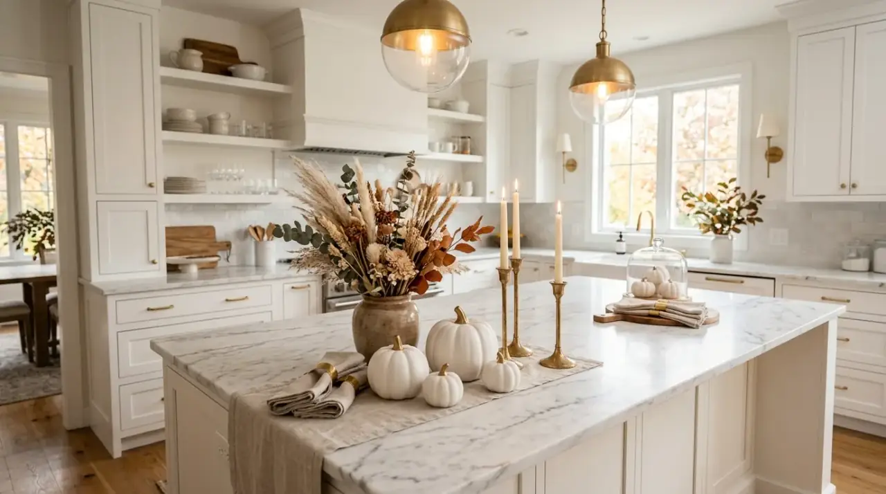Fall kitchen tray styling. Quick seasonal kitchen tray with warm useful accents.