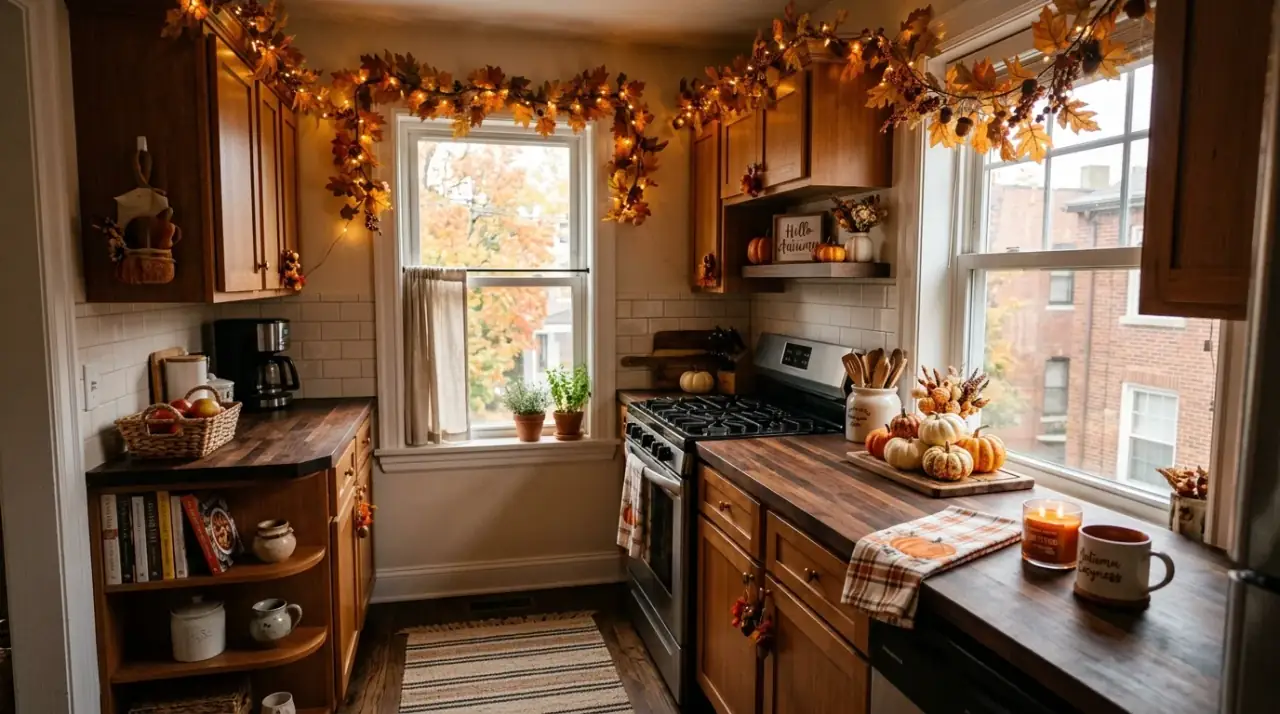 Fall wreath in kitchen. Seasonal wreath adding quick autumn charm to a kitchen door or window.