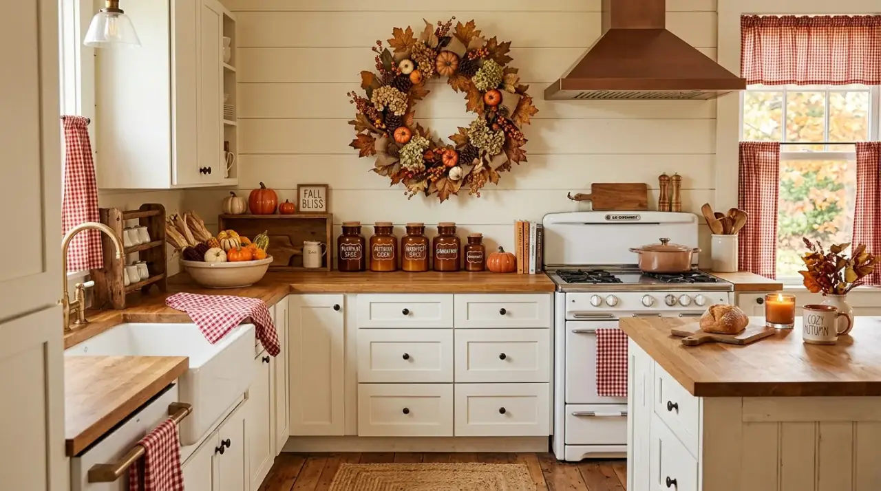 Seasonal fruit kitchen decor. Apples and pears used as quick practical fall kitchen accents.