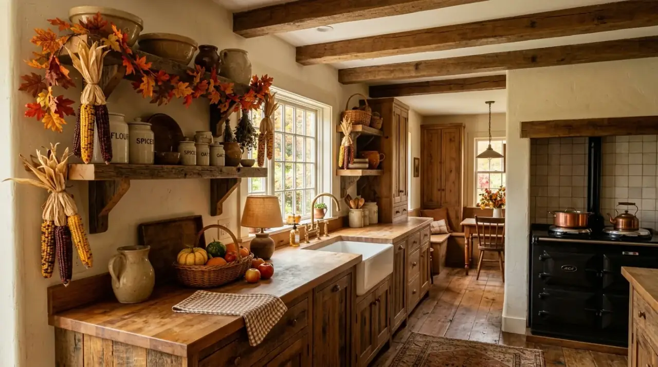 Small fall arrangement kitchen. Focused seasonal arrangement creating a quick warm kitchen update.