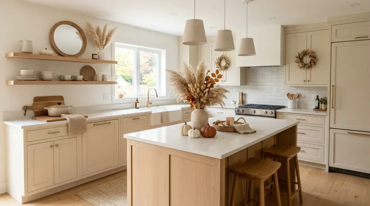 Fall kitchen refresh overview. Quick autumn kitchen styling using small warm seasonal accents.