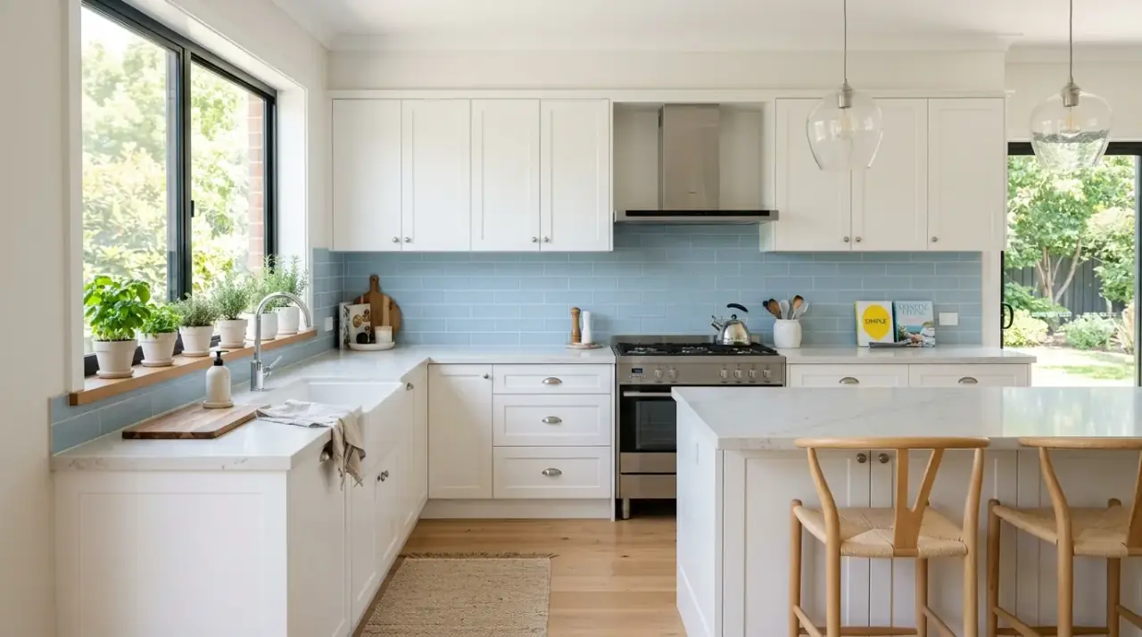 Serene blue kitchen backsplash creating a calming touch with cool color and reflective texture.