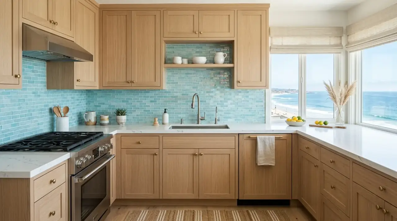 Glossy blue zellige backsplash. Serene kitchen with glossy blue handcrafted style backsplash tile.