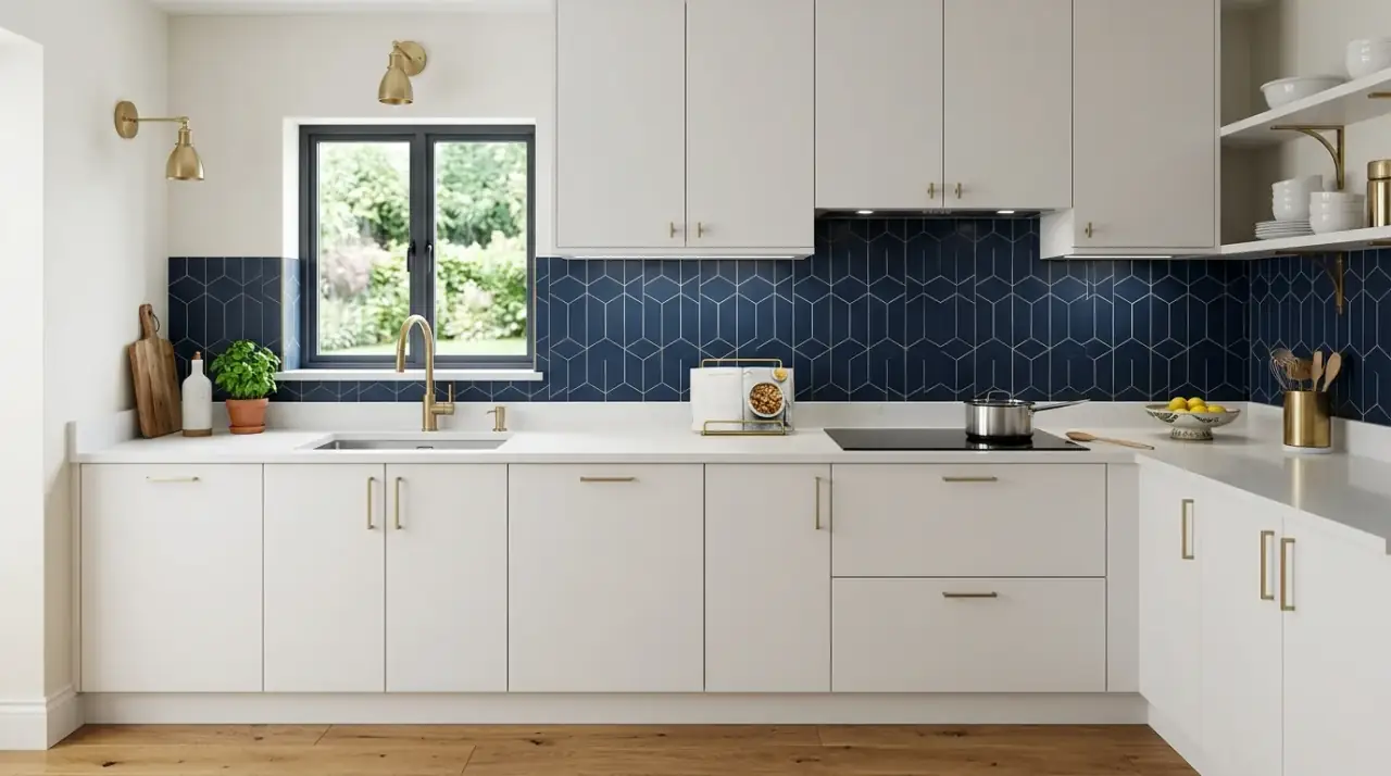 Blue backsplash with white cabinets. Clean kitchen with serene blue backsplash and white cabinetry.