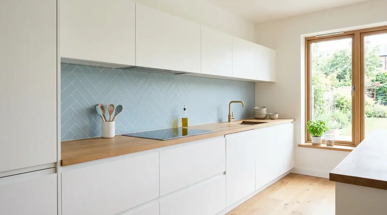 Dusty blue kitchen backsplash. Serene kitchen backsplash in a mature dusty blue tone.