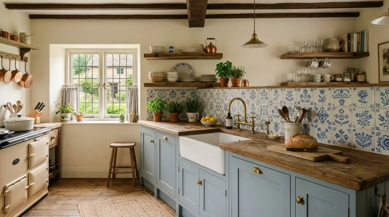 Elongated blue subway backsplash. Modern kitchen with serene elongated blue subway backsplash tile.