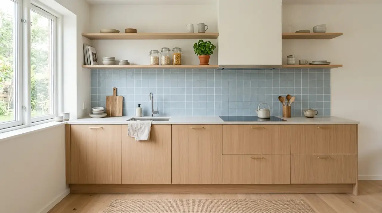 Blue backsplash with wood kitchen. Calming blue backsplash paired with warm natural wood cabinetry or shelves.