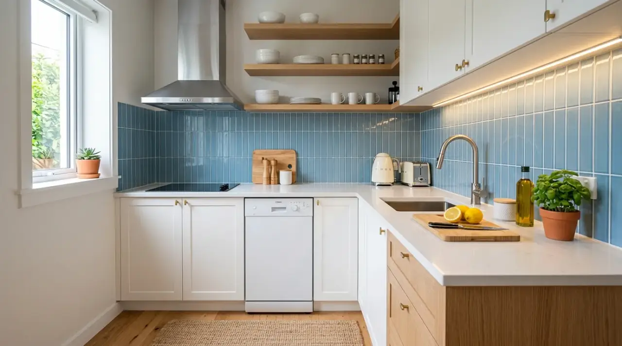 Blue backsplash behind shelves. Serene blue kitchen backsplash creating depth behind open shelving.