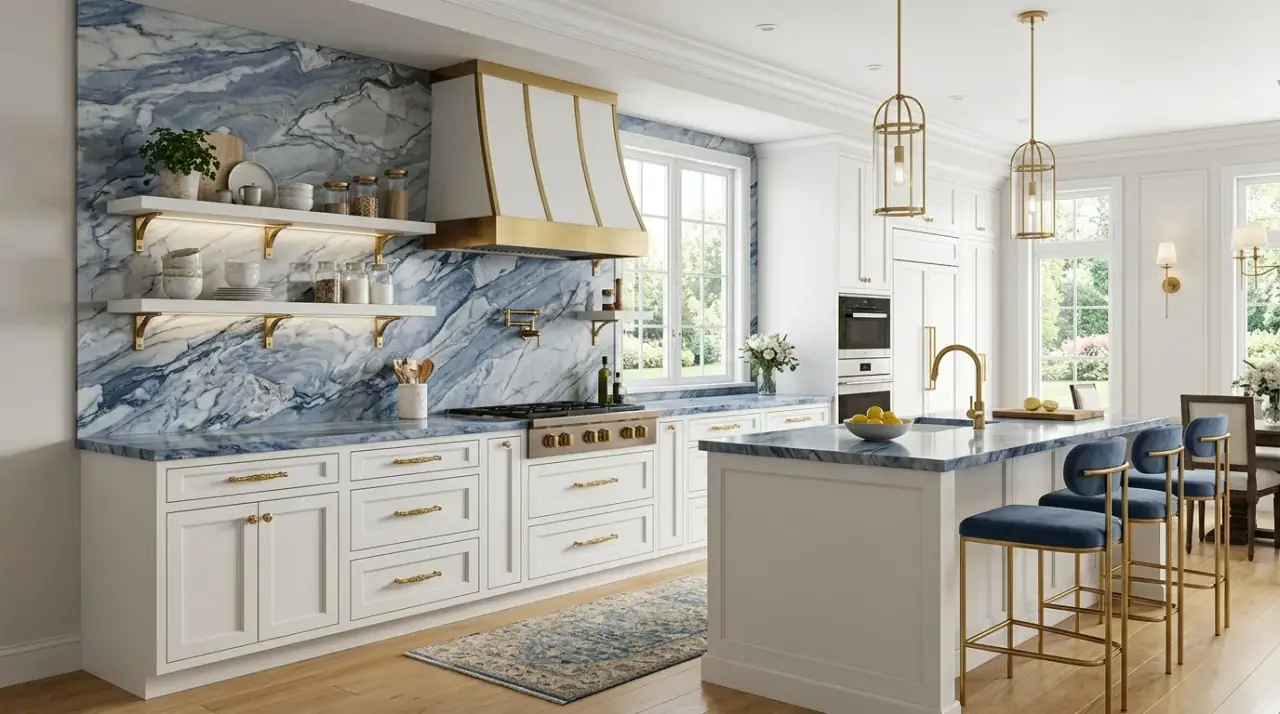 Blue and white patterned backsplash. Calming kitchen with a blue and white patterned backsplash accent.