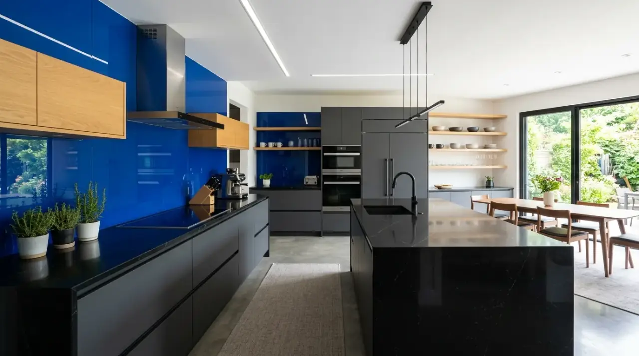Blue stone slab backsplash. Serene kitchen backsplash in a blue toned stone slab finish.
