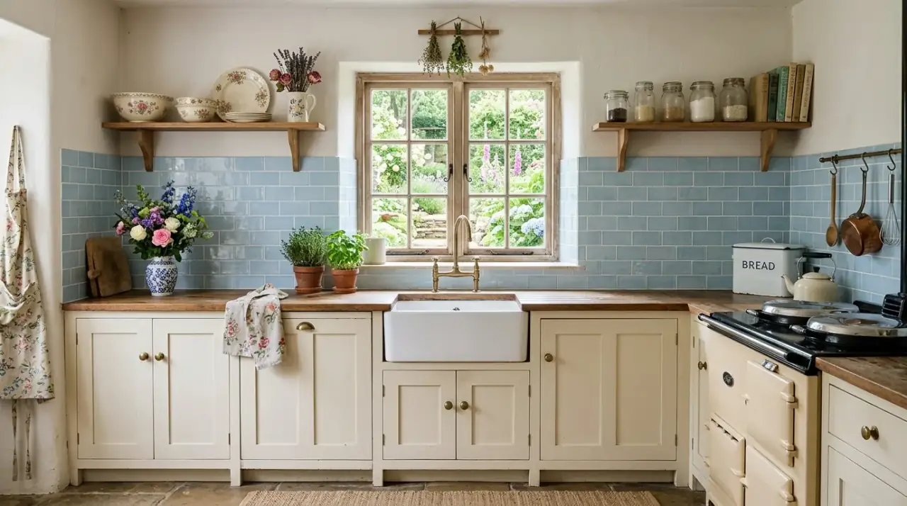 Edited counter with blue backsplash. Calming blue kitchen backsplash supported by clear and tidy counters.