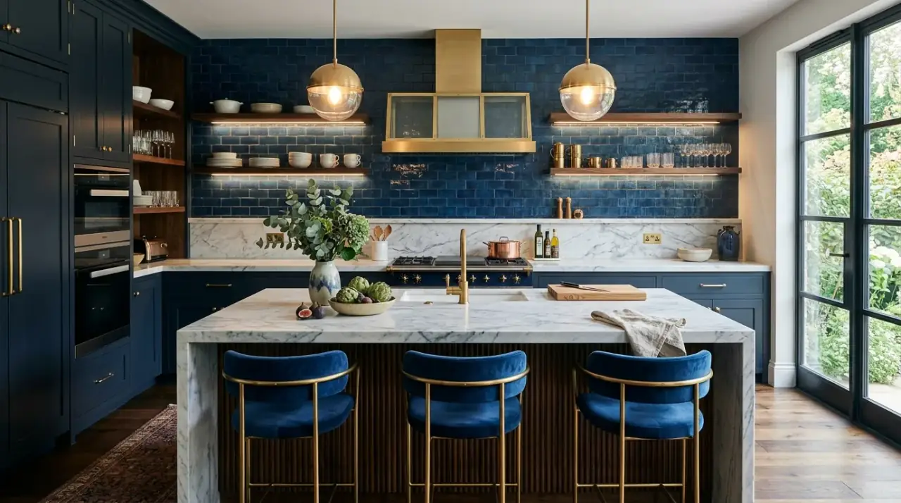 Daylit blue backsplash. Serene blue backsplash glowing in changing natural light.