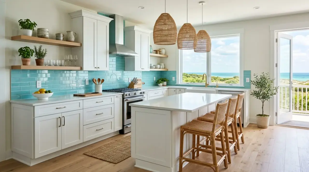 Blue backsplash in warm kitchen. Calming blue backsplash balancing a warmer kitchen palette.