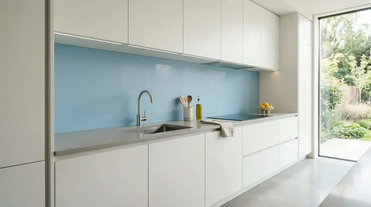 Blue backsplash overview. Serene blue kitchen backsplash adding a calming touch to the room.
