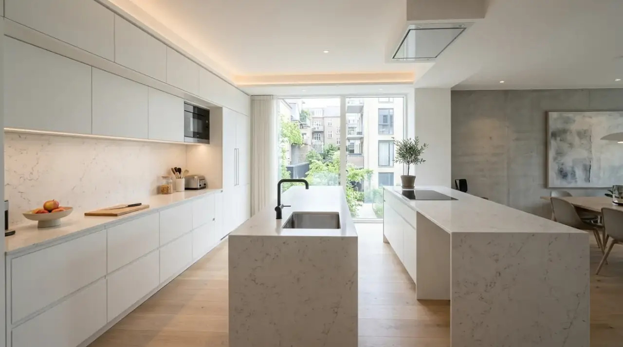 Sleek European kitchen with integrated storage, clean lines, and a calm modern minimalist aesthetic.