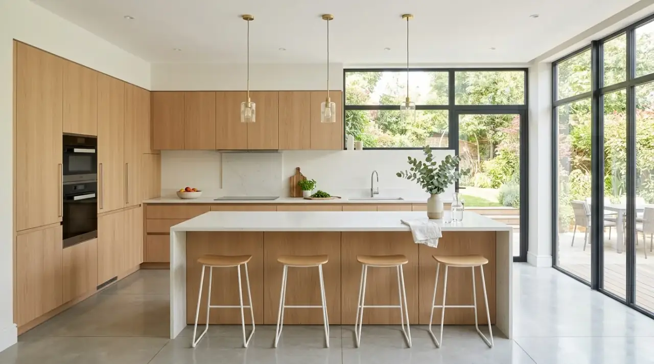 Integrated appliances European kitchen. Seamless appliances preserving clean lines in a modern minimalist kitchen.