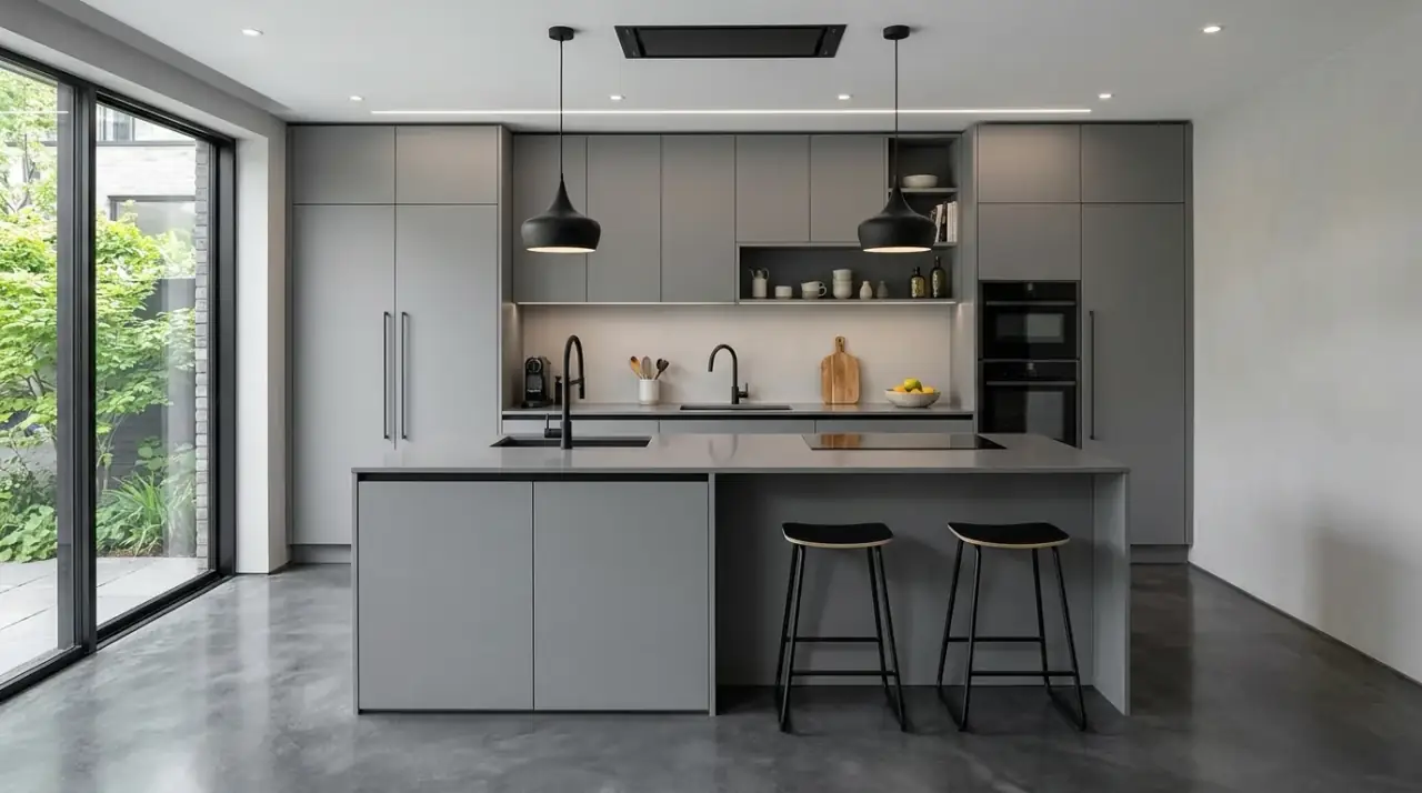 Slab backsplash European kitchen. Continuous stone wall creating a calmer minimalist kitchen backdrop.