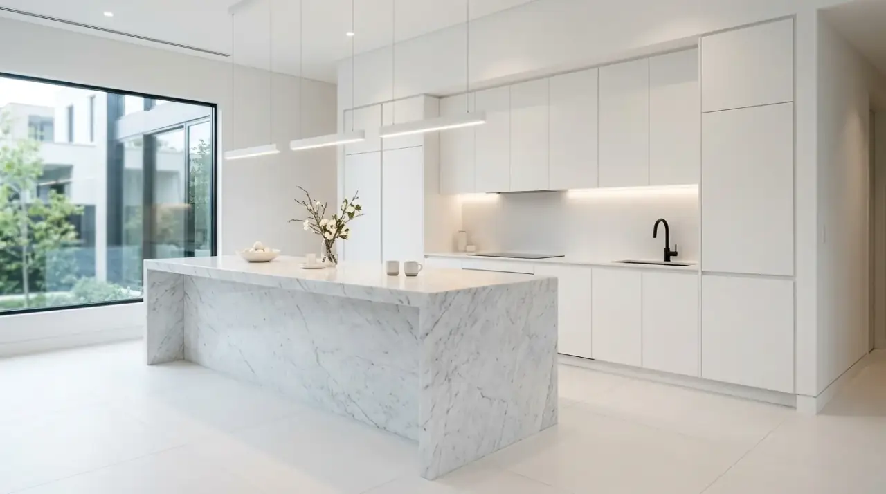 Muted tone European kitchen. Soft neutral palette supporting a sleek European kitchen aesthetic.