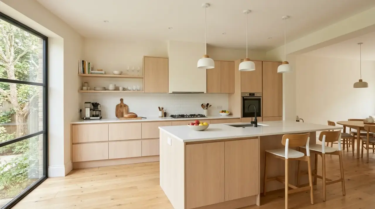 European minimalist island. Sculptural kitchen island reinforcing a sleek minimalist layout.