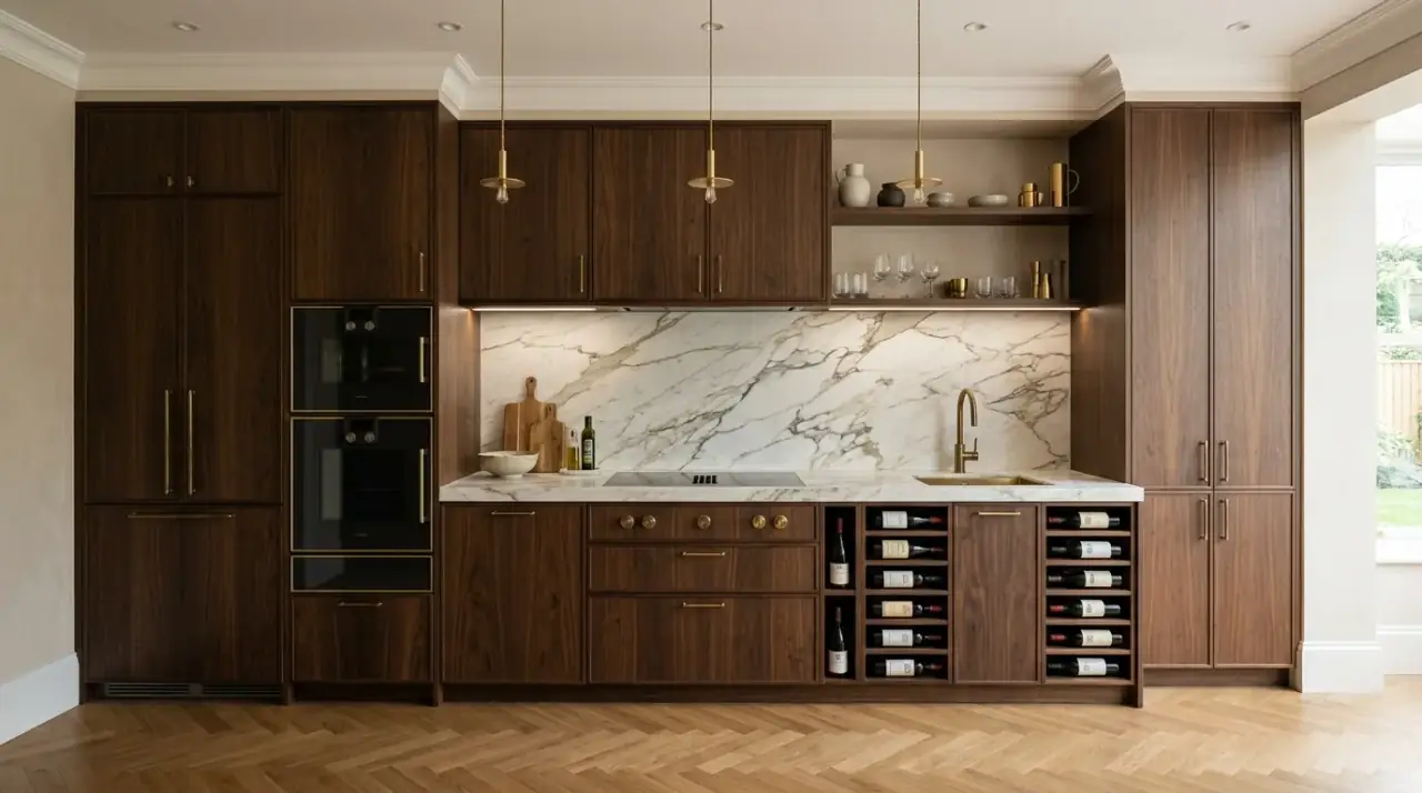 Hidden appliance European kitchen. Pocket-door storage hiding countertop clutter in a sleek kitchen.