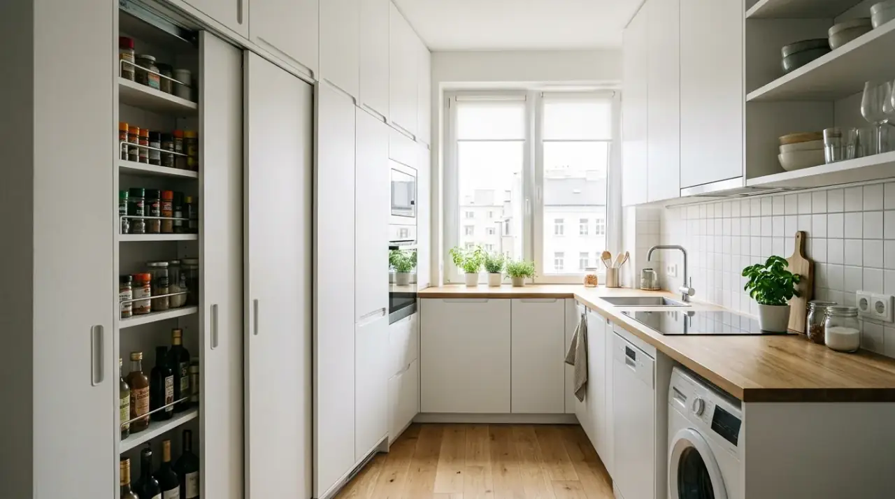 Wood in European minimalist kitchen. Natural timber softening a clean-lined modern kitchen.