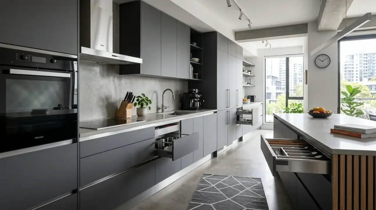 European kitchen layout. Precise planning and clean lines shaping a sleek minimalist kitchen.