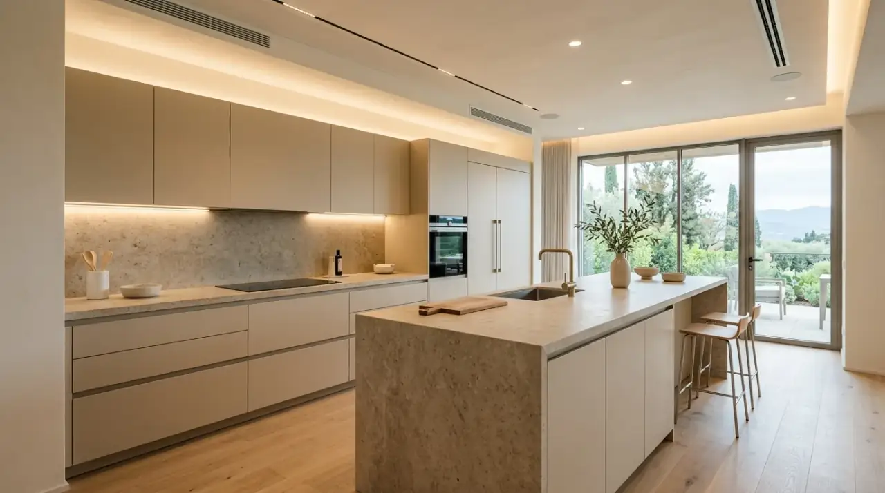 Matte European kitchen. Low-sheen modern finishes reinforcing a calm European kitchen style.