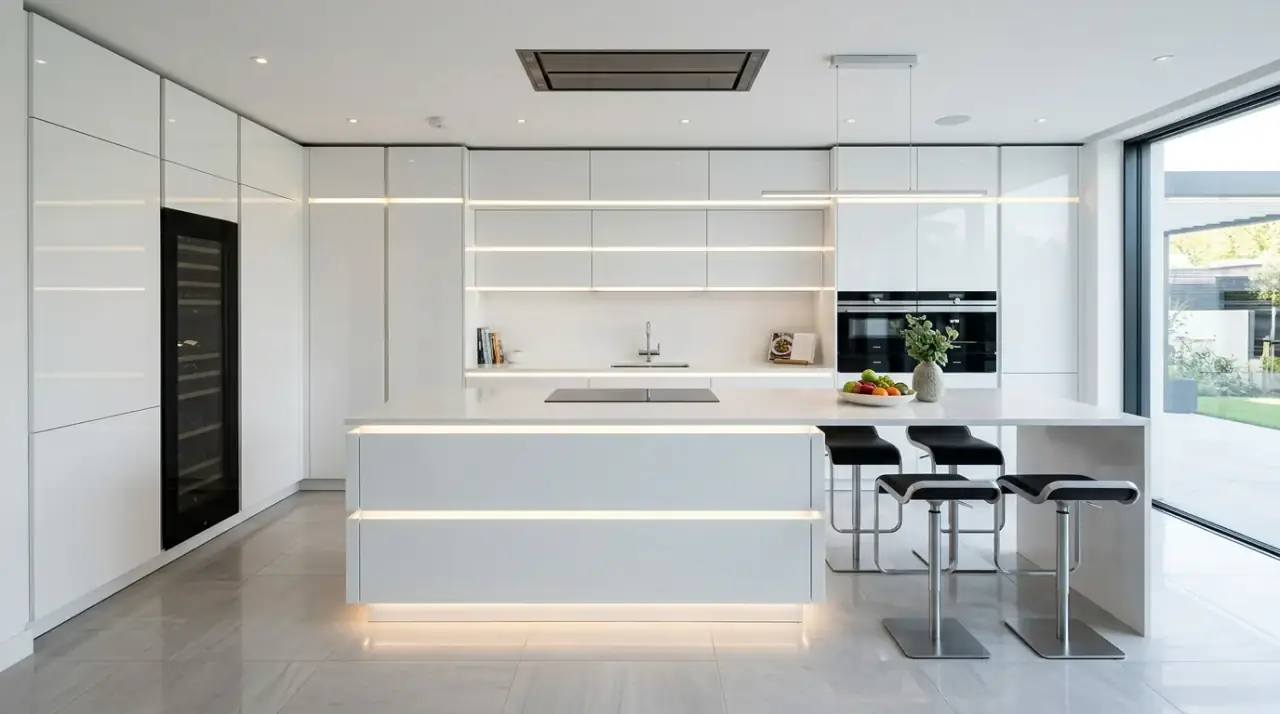 European kitchen lighting. Disciplined lighting design supporting a sleek modern kitchen interior.