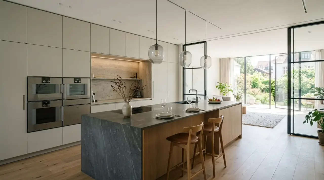 European kitchen overview. Modern minimalist kitchen balancing sleek design with practical daily comfort.