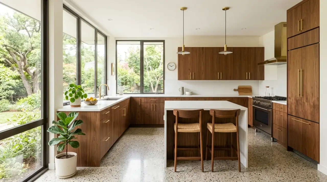 Sleek mid-century modern kitchen design with warm wood and timeless retro style.