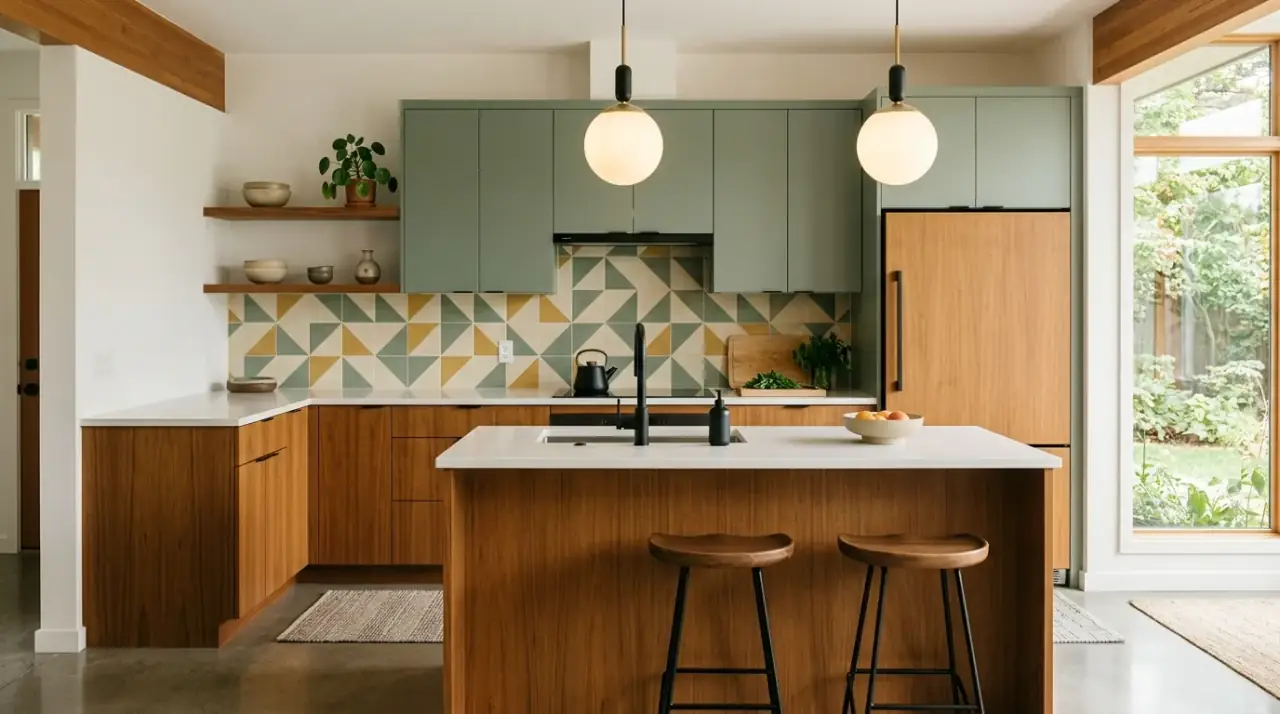 Mid-century kitchen hardware. Streamlined cabinet details supporting a sleek retro kitchen design.