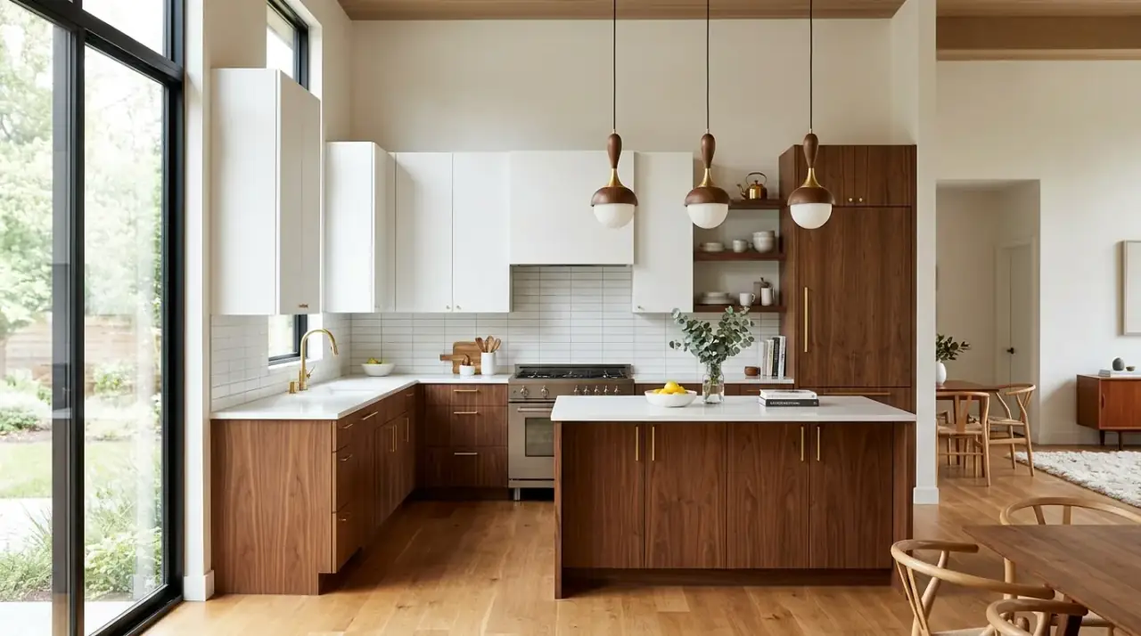 White and wood mid-century kitchen. Balanced material palette lightening a warm retro-inspired kitchen.