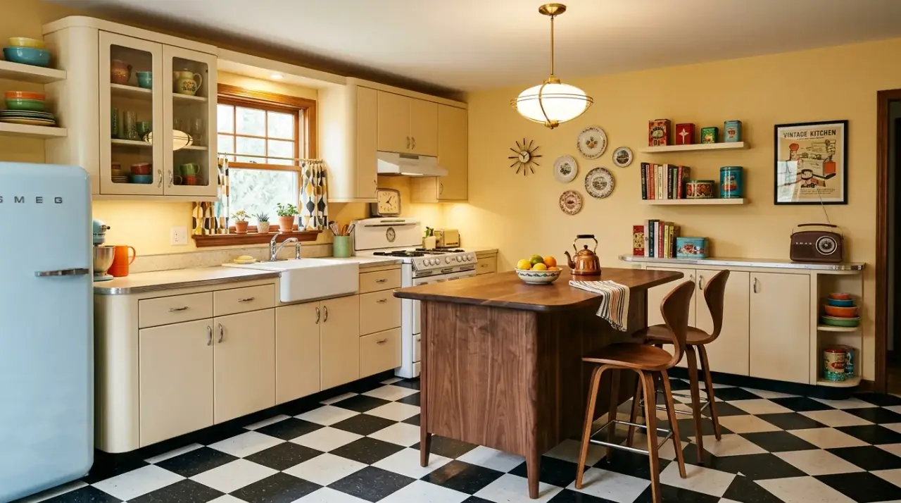 Mid-century kitchen backsplash. Geometric wall detail adding character to a sleek retro kitchen.