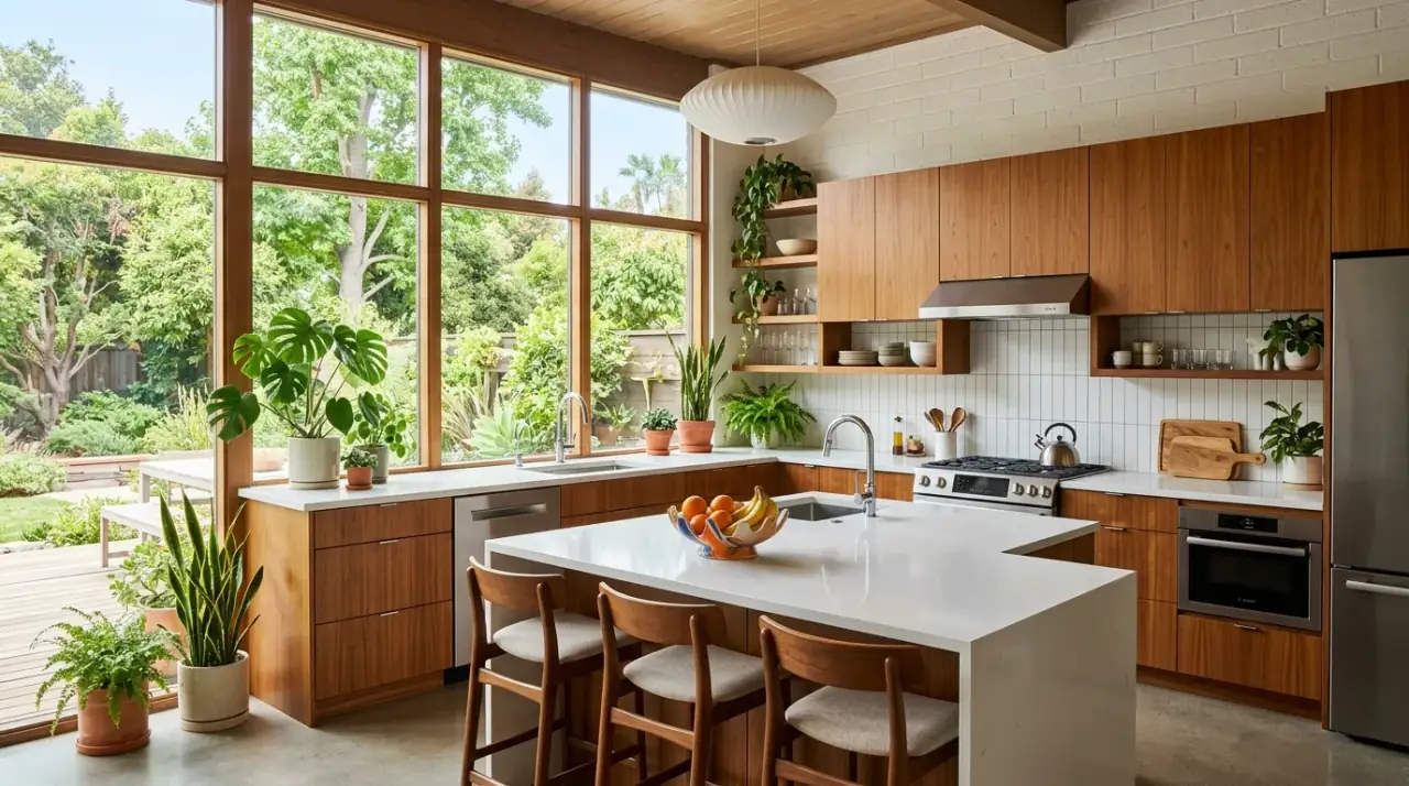 Mid-century kitchen pendant lights. Sculptural lighting reinforcing the timeless retro mood of the kitchen.