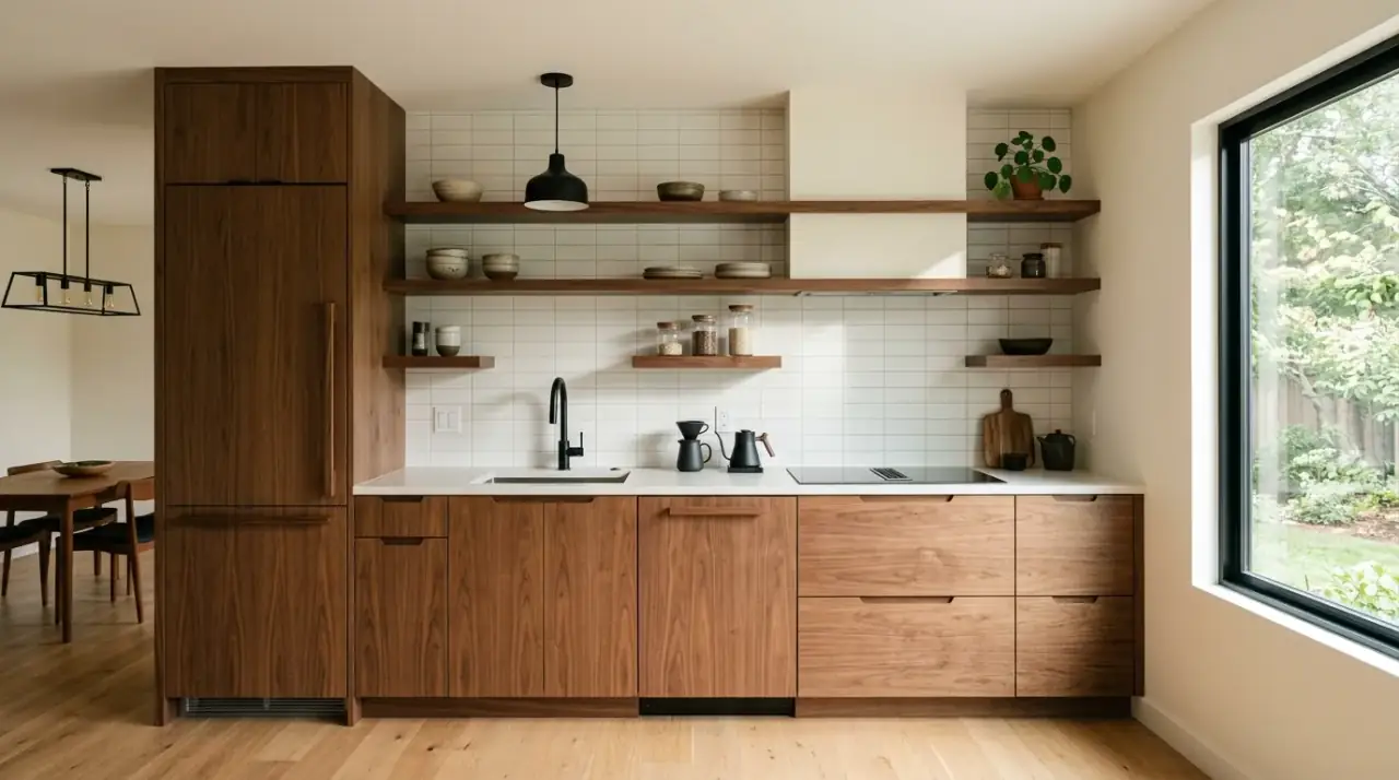 Color accents in mid-century kitchen. Period-inspired color touches adding life to a warm modern-retro kitchen.
