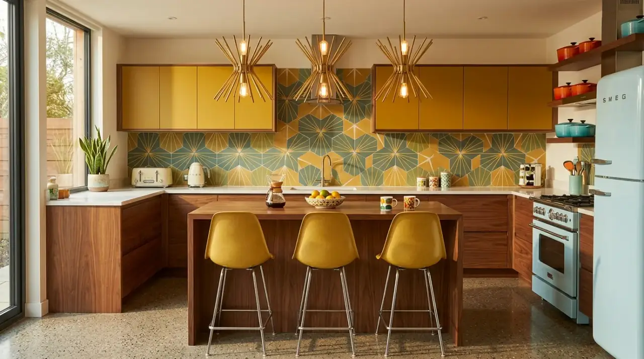 Mid-century kitchen open shelves. Curated display adding warmth and personality to a retro kitchen.