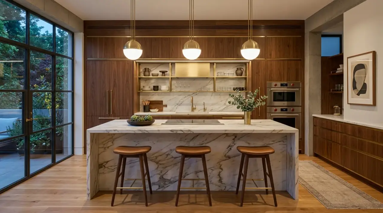 Mid-century kitchen flooring. Retro-inspired floor finish supporting a warm and sleek kitchen design.