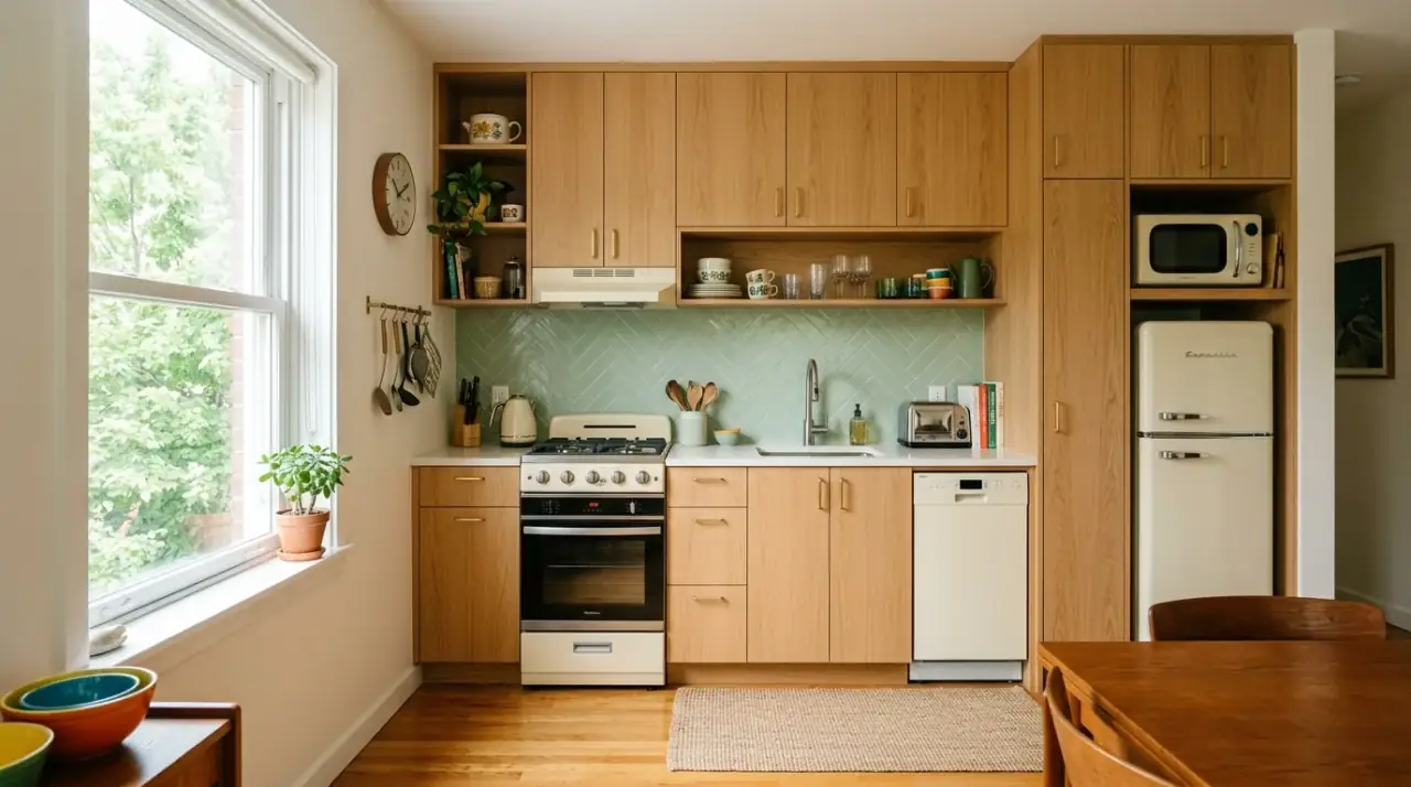 Curved mid-century kitchen peninsula. Softer peninsula shape enhancing the retro-modern flow of the room.