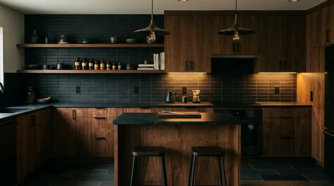 Black accents in mid-century kitchen. Sharper dark details helping a retro kitchen feel more structured.