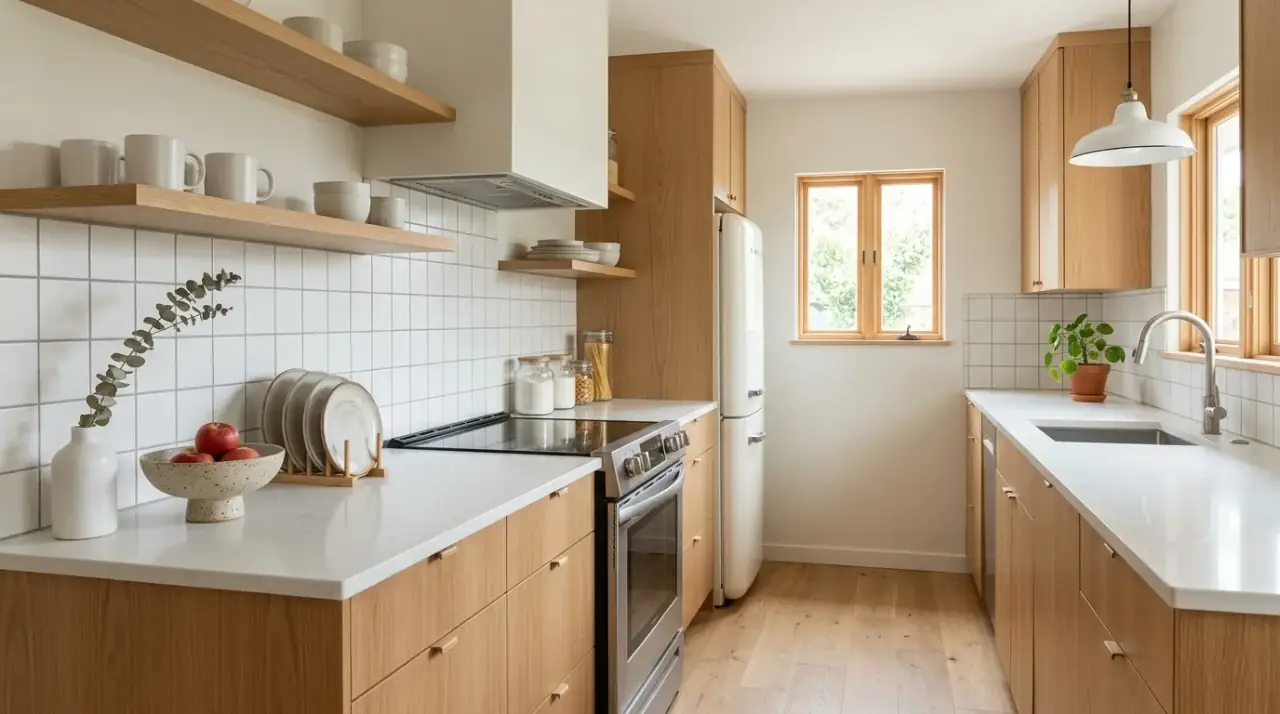Mid-century kitchen seating. Retro-style chairs and stools reinforcing the overall kitchen design.