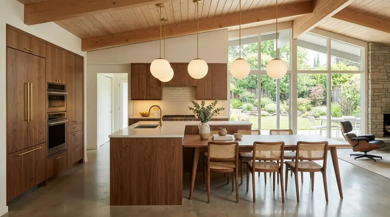 Warm lighting mid-century kitchen. Soft evening glow deepening the warm retro character of the kitchen.