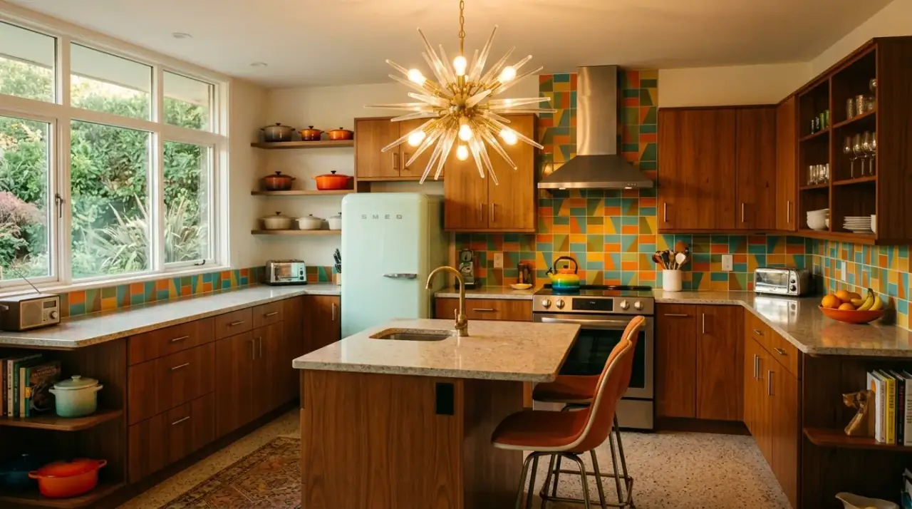 Mid-century kitchen overview. Timeless retro kitchen design balanced with warmth, utility, and clean form.