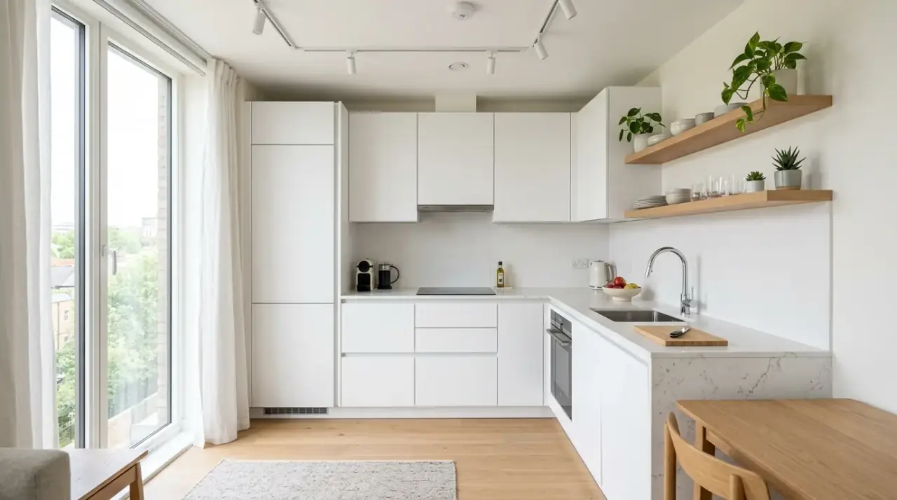 Sleek modern minimalist small kitchen for compact living with clean lines and efficient space use.