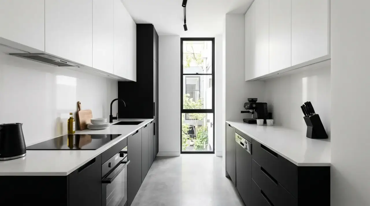 Tonal minimalist small kitchen. Compact modern kitchen with a tight and tonal minimalist palette.