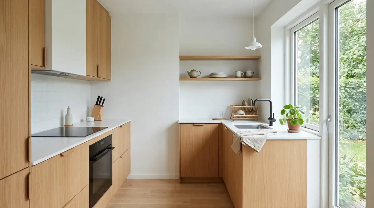 Integrated appliances small kitchen. Sleek small kitchen with hidden or integrated modern appliances.