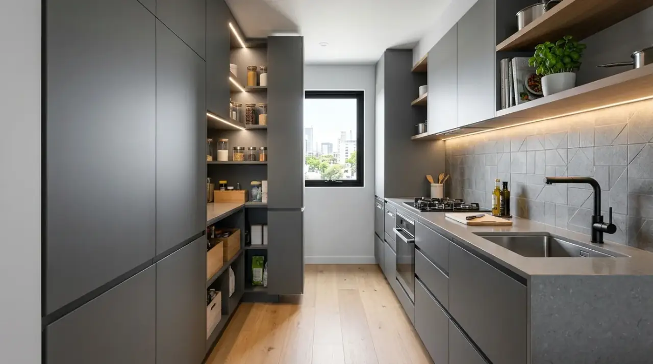 Continuous surface small kitchen. Compact minimalist kitchen using one continuous counter and backsplash material.