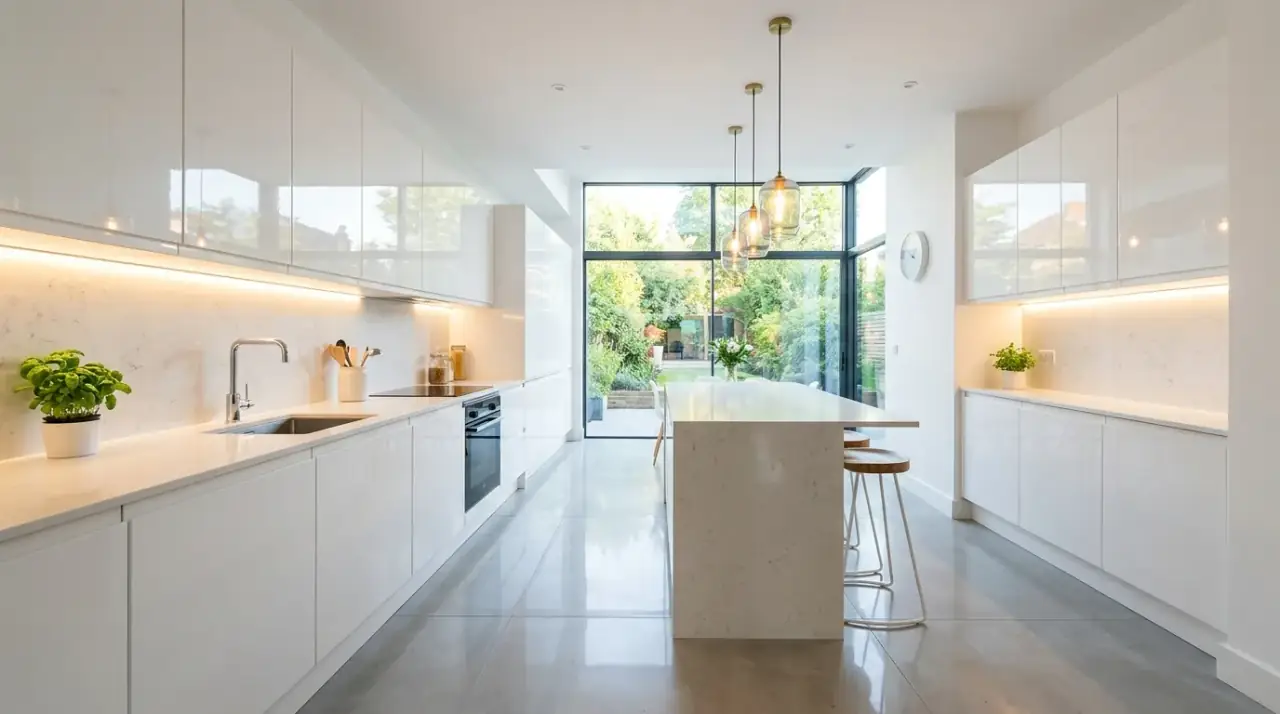 Open counters minimalist small kitchen. Sleek small kitchen with mostly open uncluttered countertops.