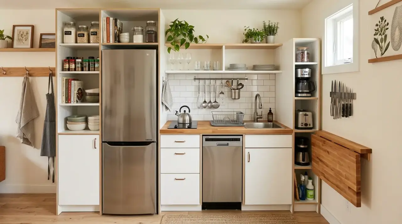 Under cabinet lighting small kitchen. Modern minimalist small kitchen with sleek under cabinet lighting.