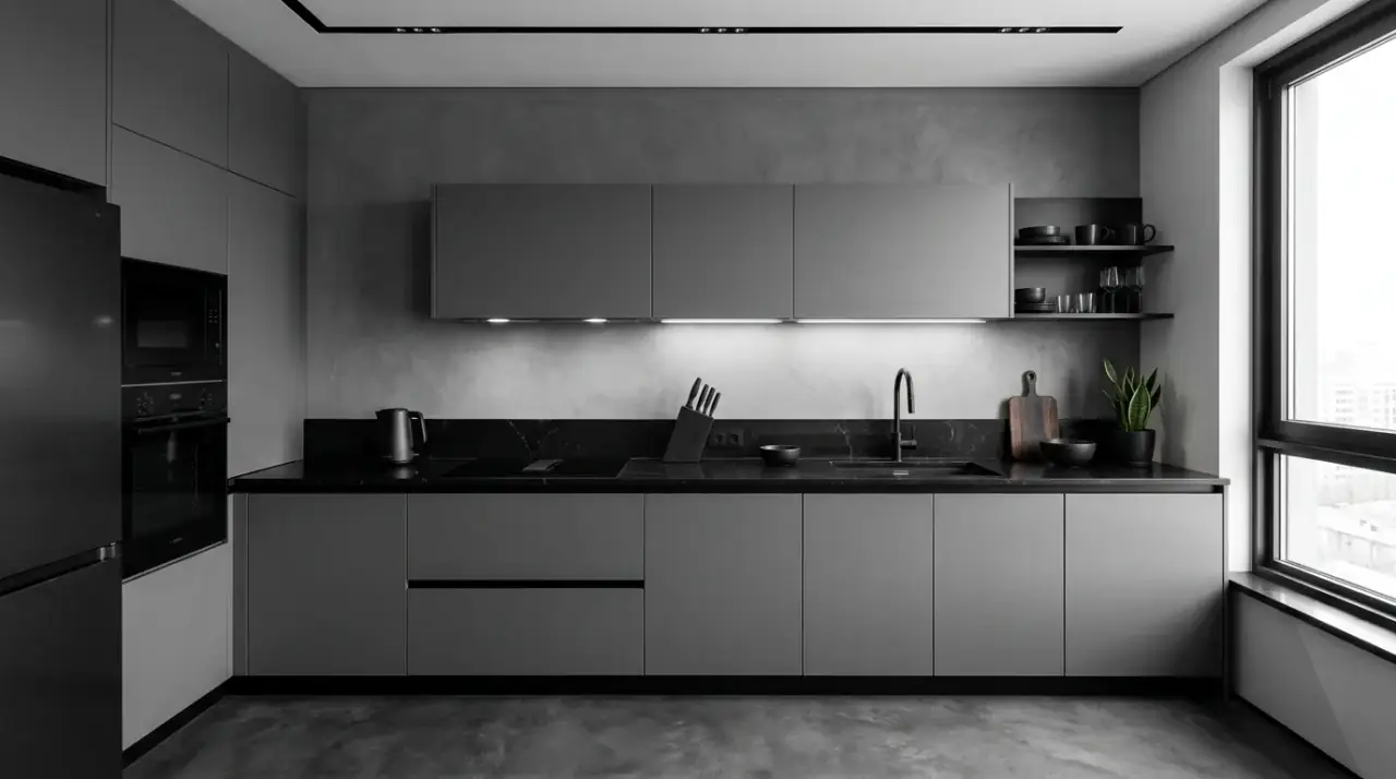 Minimal open shelves small kitchen. Compact minimalist kitchen with one controlled section of open shelving.